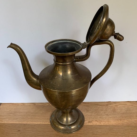 VTG Brass Coffee Pot Pedestal Boho Decor Large Tea Bohemian Accent - Picture 10 of 11